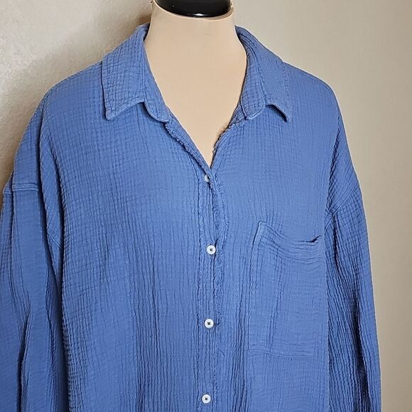 Aerie Gauze Blue Button Down Oversized Long Sleeve Shirt Large - Picture 2 of 8